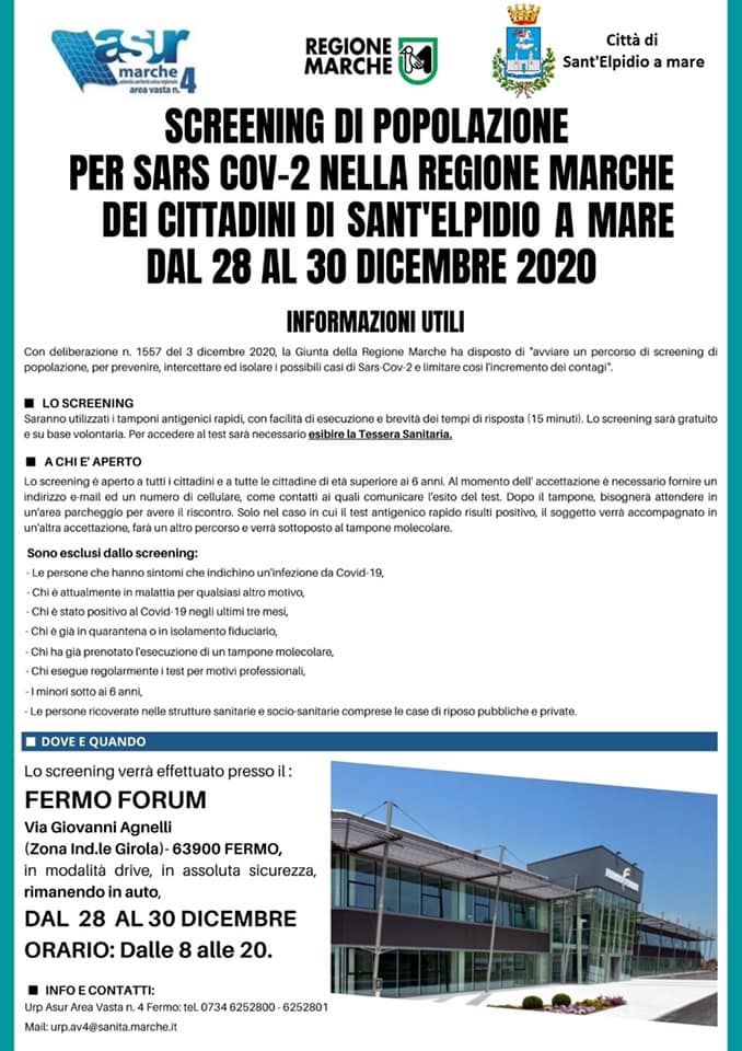 COVID-19:28, 29 e 30 DICEMBRE SCREENING DEI CITTADINI DI SANT'ELPIDIO A MARE E PORTO SANT'ELPIDIO