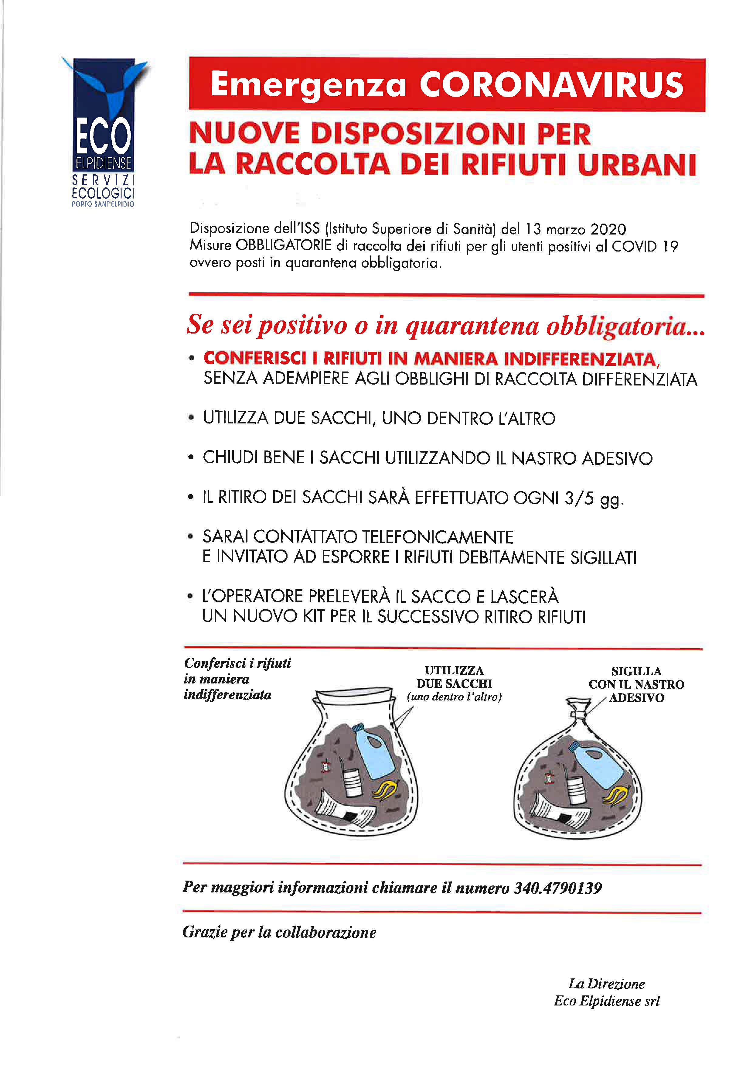 CORONAVIRS - REGOLE CONFERIMENTO RIFIUTI