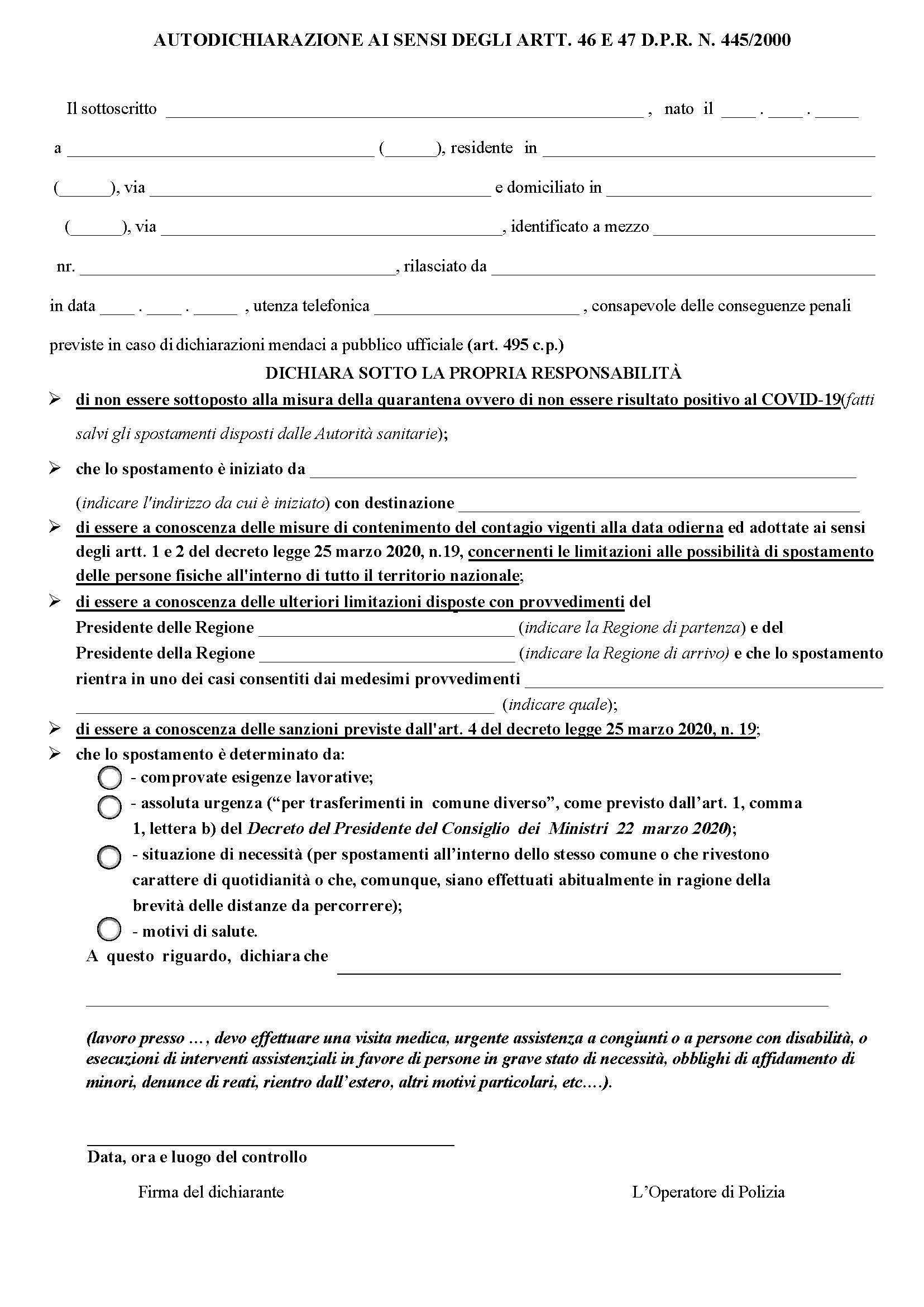 CORONAVIRUS - NUOVO MODELLO SPOSTAMENTI